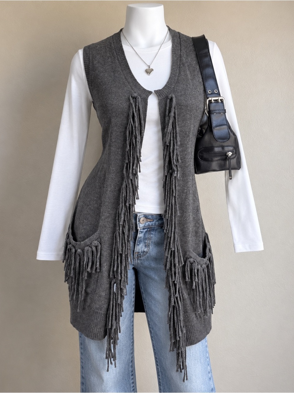 Cache Vintage Gray Angora Blend Fringe Open Front Sweater Vest Boho Indie M